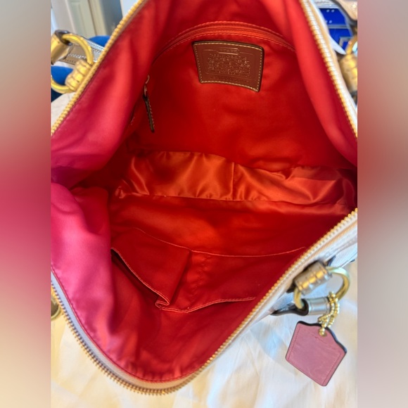 Coach gold and tan jacquard fabric tote with tan trim, pink satin lining. - Picture 8 of 12